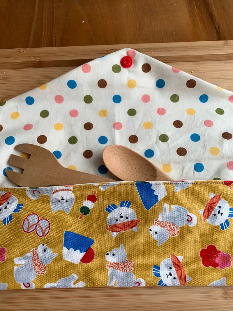 文青風環保筷袋  柴柴野餐樂 芥茉黃  手作餐具袋.交換禮物.