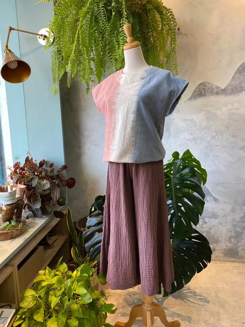 礦物泥染 春櫻粉藍條紋  法式短袖圓領上衣 純棉