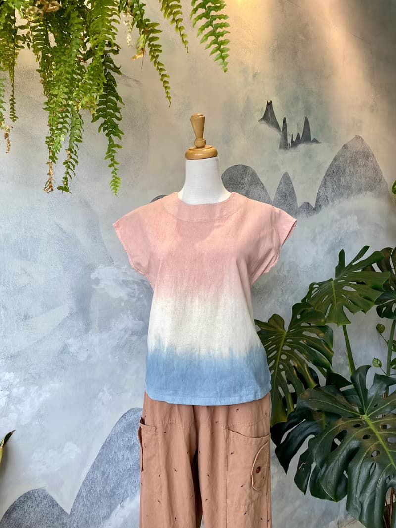 礦物泥染 春櫻粉藍條紋  法式短袖圓領上衣 純棉