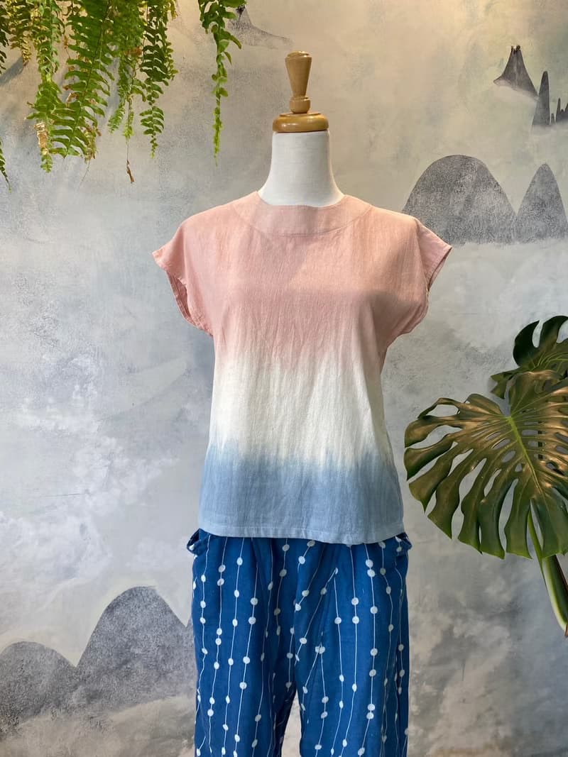 礦物泥染 春櫻粉藍條紋  法式短袖圓領上衣 純棉