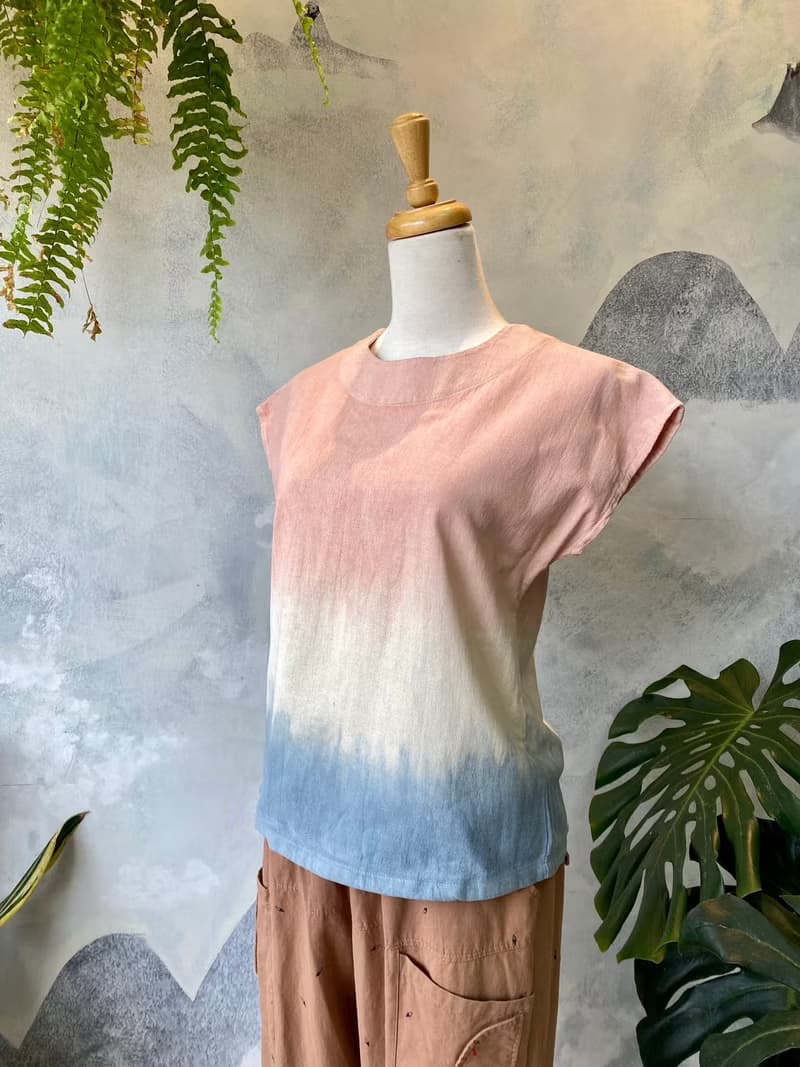 礦物泥染 春櫻粉藍條紋  法式短袖圓領上衣 純棉