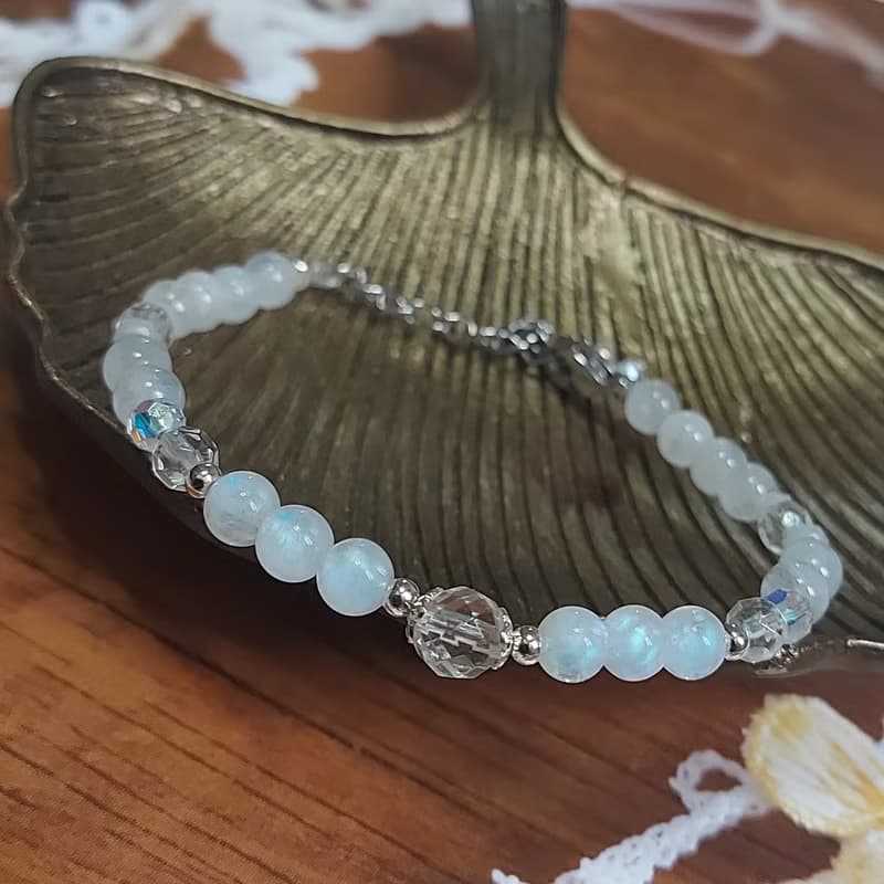 女神月光石 //月光石/白水晶純銀手鍊 /斯里蘭卡藍月光925純銀