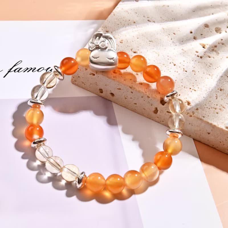 睡眠兔兔| 紅瑪瑙 * 黃水晶-兒童手鍊/手工串珠