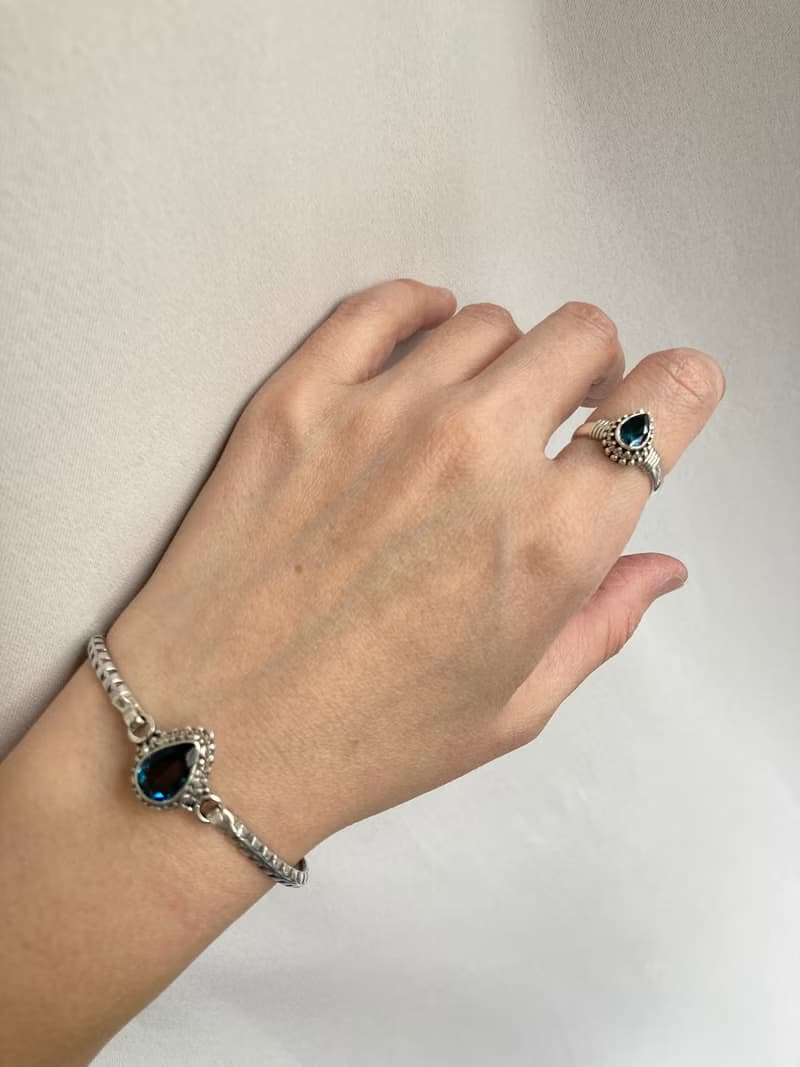 天然 倫敦藍 托帕石 手環 尼泊爾 手工製 925純銀