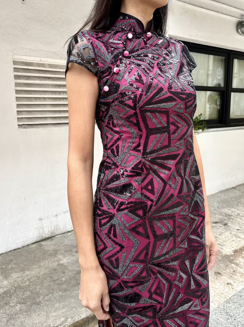 YI-MING MARTHA 幾何亮片黑紫長款旗袍