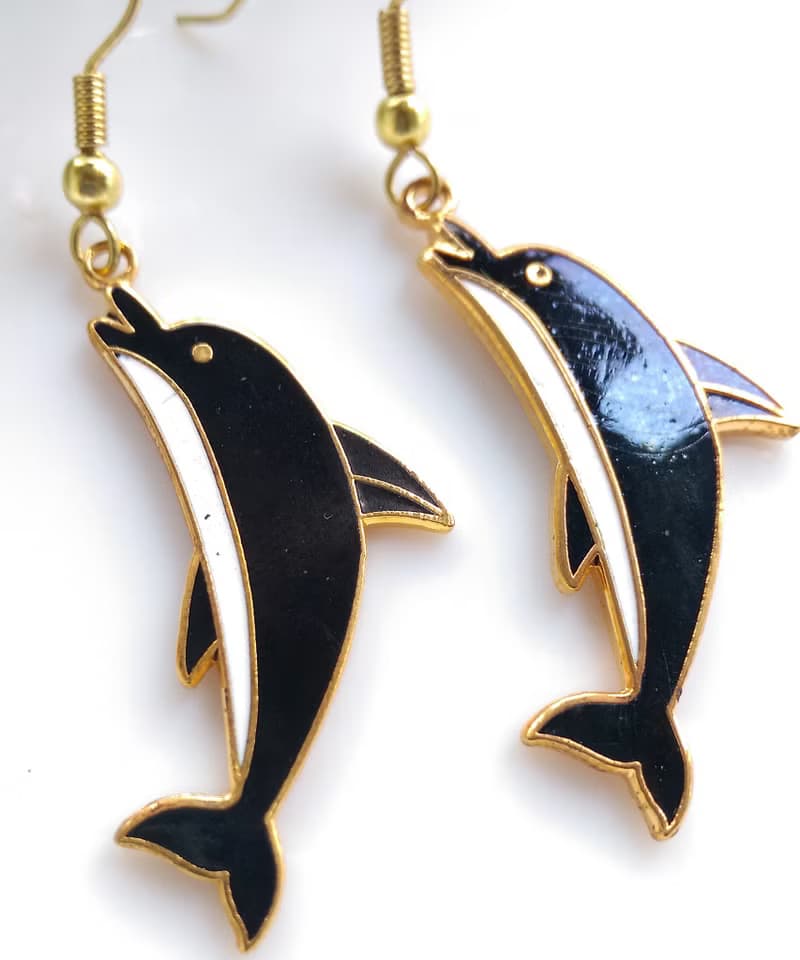 Vintage Jewelry 西洋古董飾品 景泰藍 可愛海豚 耳勾 針式耳環