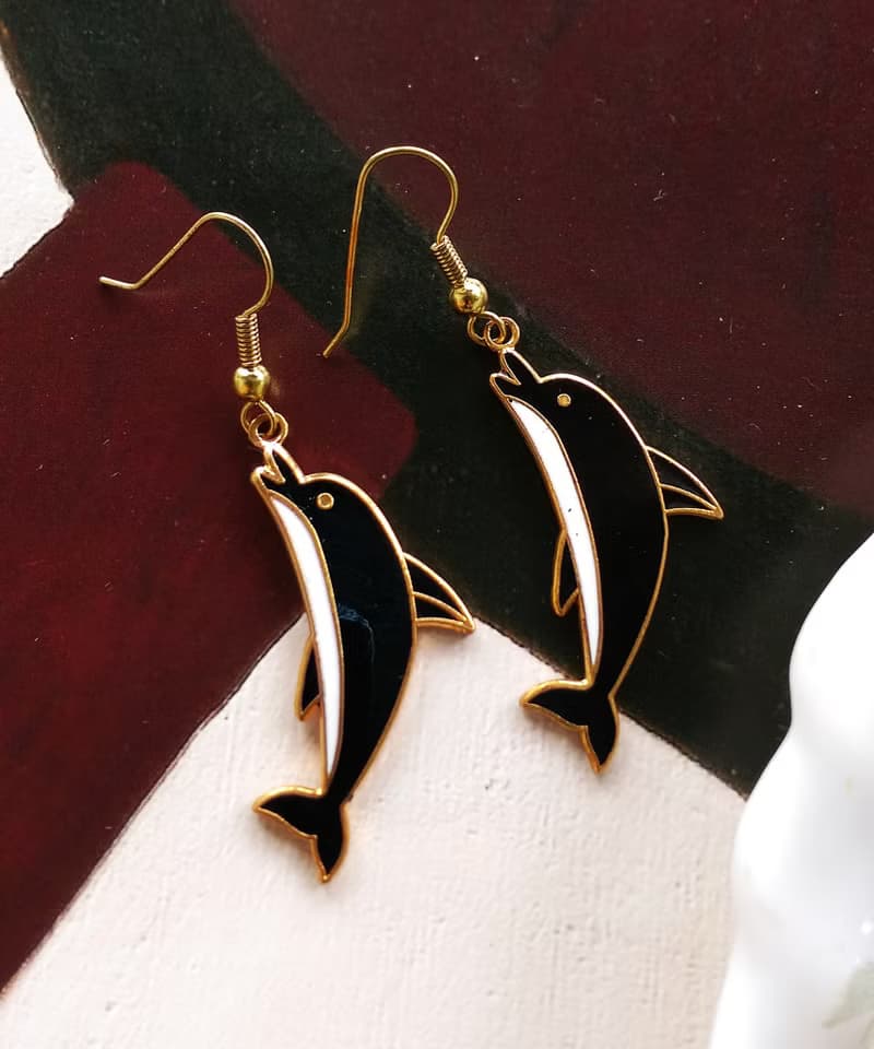 Vintage Jewelry 西洋古董飾品 景泰藍 可愛海豚 耳勾 針式耳環