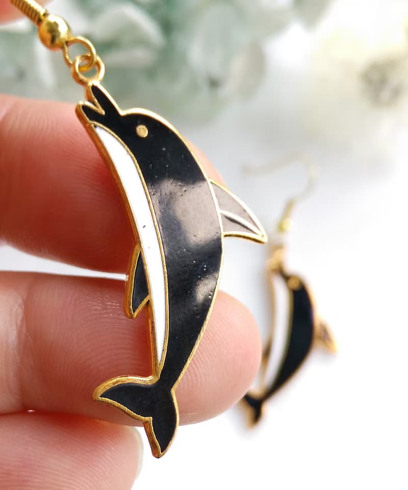 Vintage Jewelry 西洋古董飾品 景泰藍 可愛海豚 耳勾 針式耳環