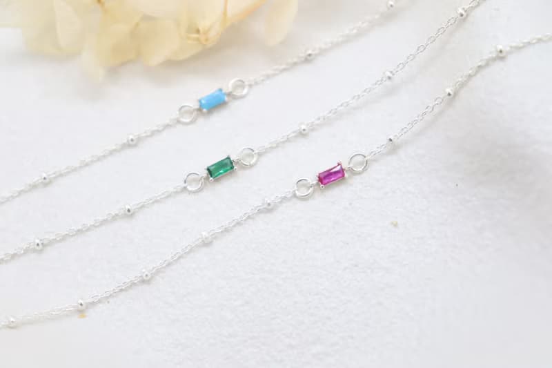 (925 Silver) Very Tiny Baguette Birthstone Bracelet & Anklet Petite Birthstones