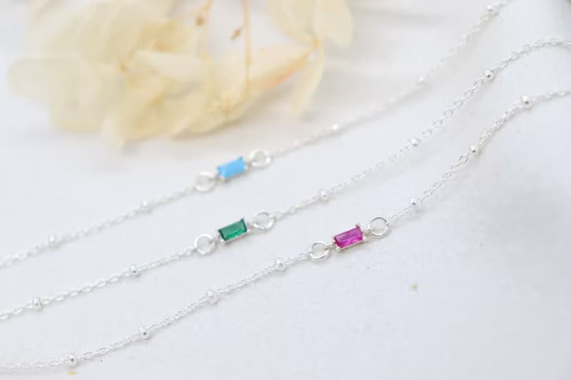 (925 Silver) Very Tiny Baguette Birthstone Bracelet & Anklet Petite Birthstones
