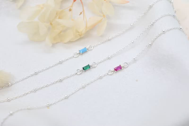 (925 Silver) Very Tiny Baguette Birthstone Bracelet & Anklet Petite Birthstones