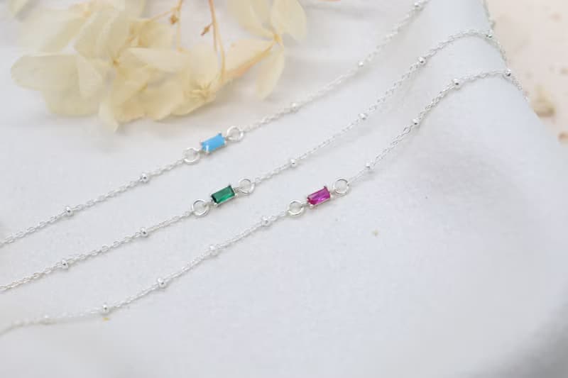 (925 Silver) Very Tiny Baguette Birthstone Bracelet & Anklet Petite Birthstones