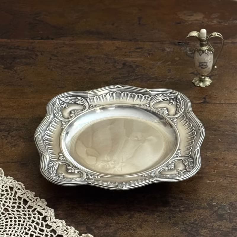 50551-絕美法國古董洛可可風格鍍銀高腳盤25.5