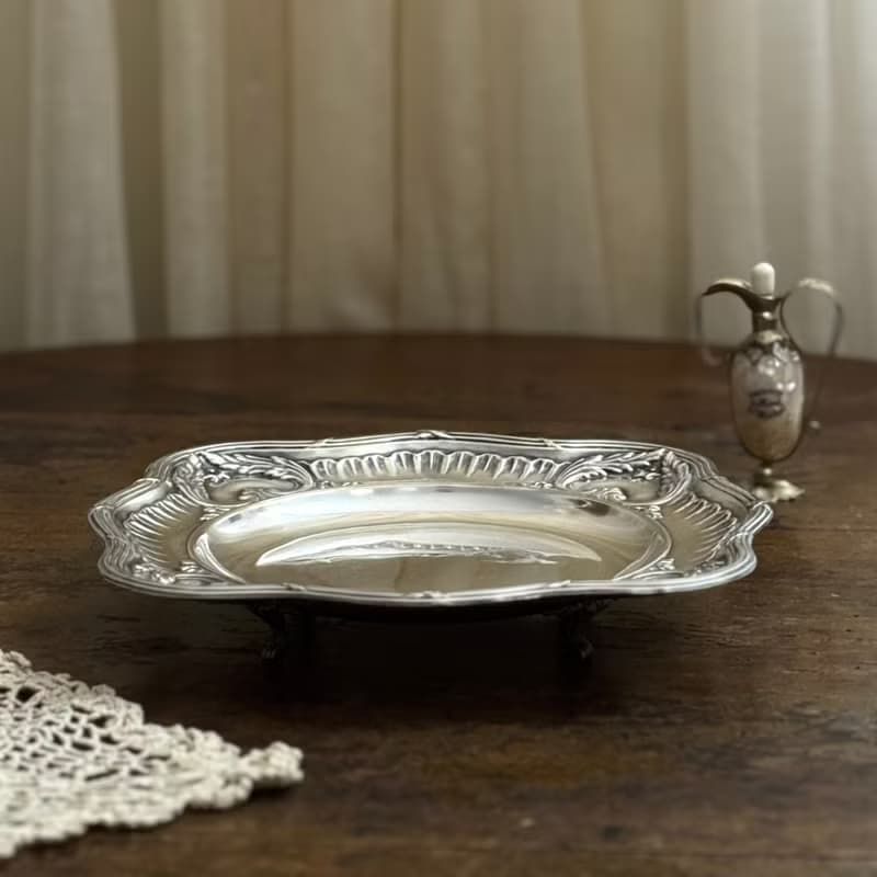 50551-絕美法國古董洛可可風格鍍銀高腳盤25.5