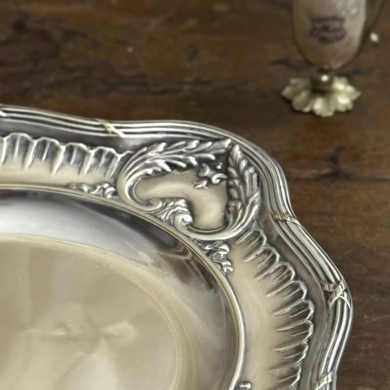50551-絕美法國古董洛可可風格鍍銀高腳盤25.5