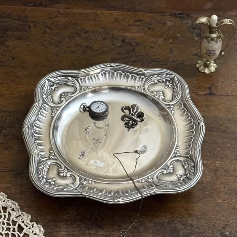 50551-絕美法國古董洛可可風格鍍銀高腳盤25.5