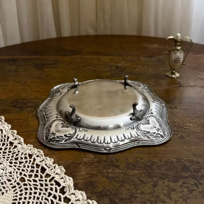 50551-絕美法國古董洛可可風格鍍銀高腳盤25.5