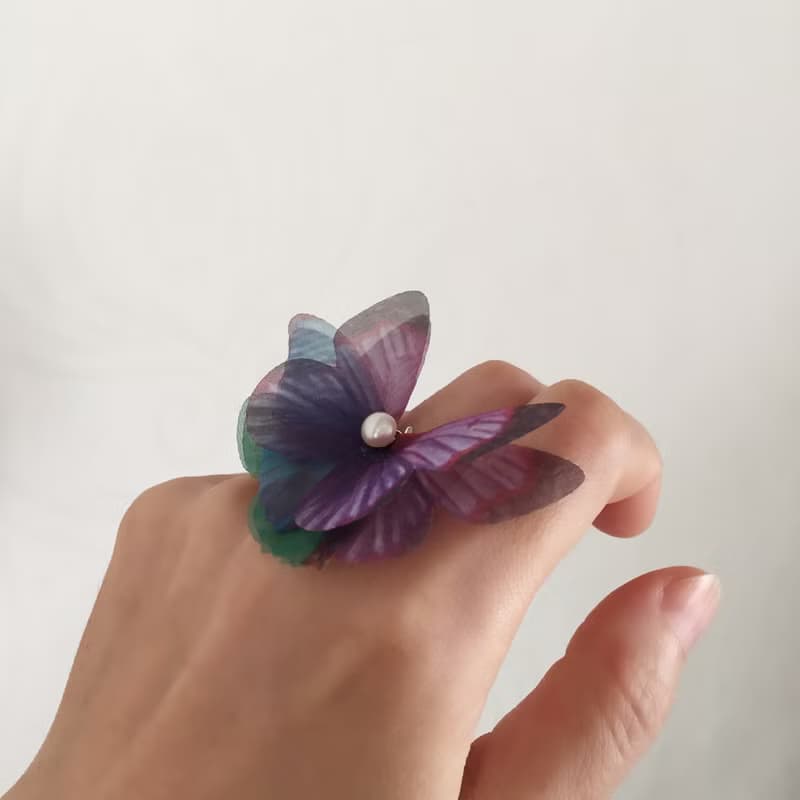 蝴蝶薄紗戒指&天然淡水珍珠  (925半銀可調節開口戒指) ring