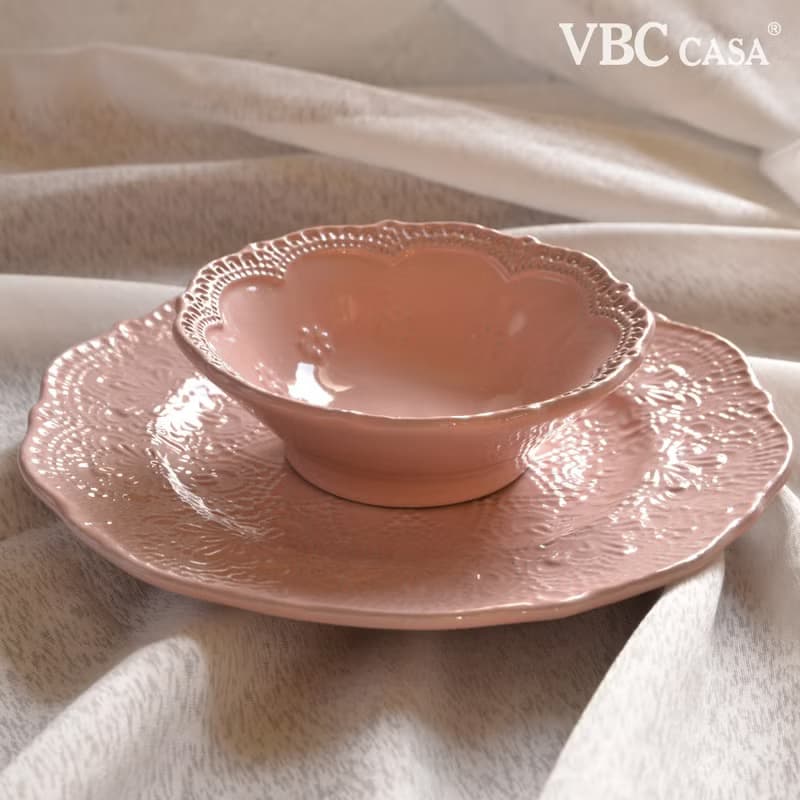 【優惠套組】手工浮雕蕾絲系列點心碗盤2件組(1碗1盤-3色挑選)