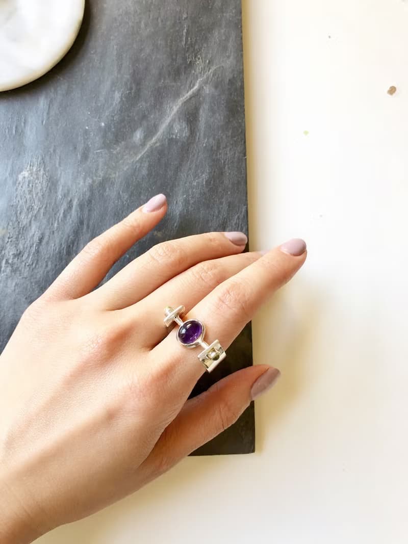 Vintage Amethyst With Peridot Sterling Silver Ring