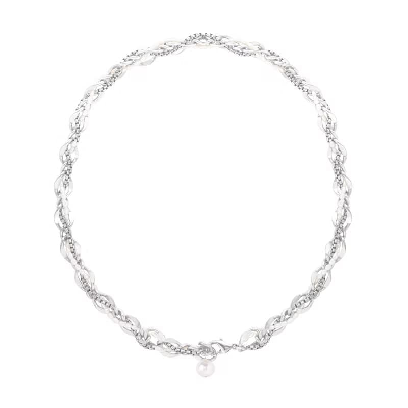 【品牌設計款最佳禮物】銀色編織鎖鍊天然珍珠項鍊