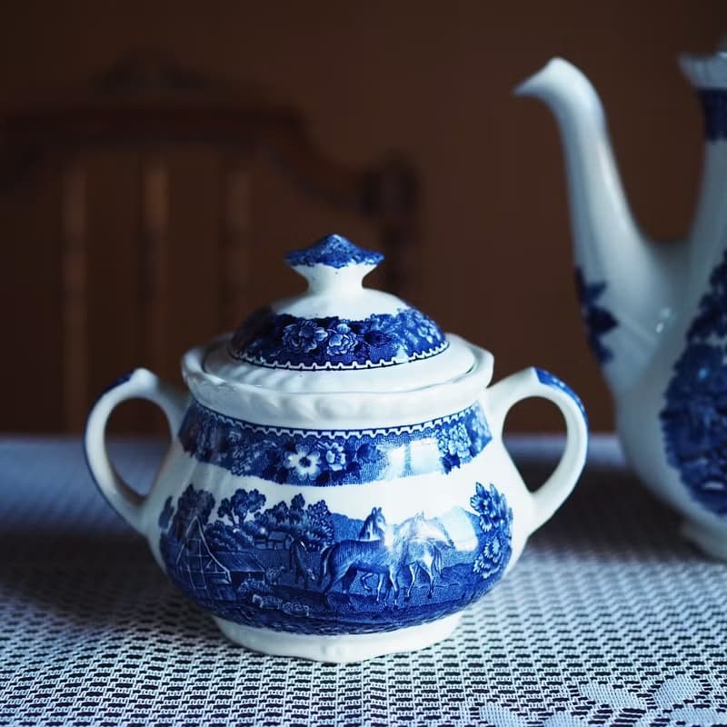 復古 英國老牌 Adams 經典藍白圖案 茶壺 + 糖罐 套裝