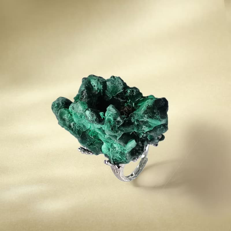 孔雀石晶洞 活口戒指 隨形火焰原礦標本 樹葉款手工指環 S925銀