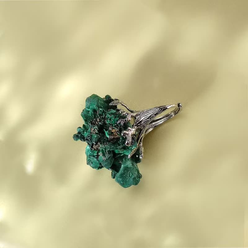 孔雀石晶洞 活口戒指 隨形火焰原礦標本 樹葉款手工指環 S925銀