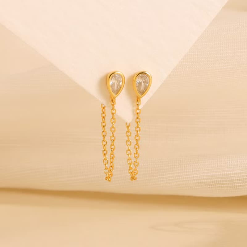 s925銀水滴狀鏈條女生耳釘 鑲鑽耳骨釘 禮物推薦 畢業禮物