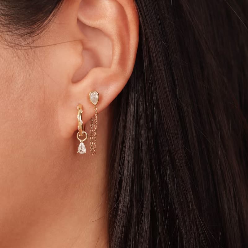 s925銀水滴狀鏈條女生耳釘 鑲鑽耳骨釘 禮物推薦 畢業禮物