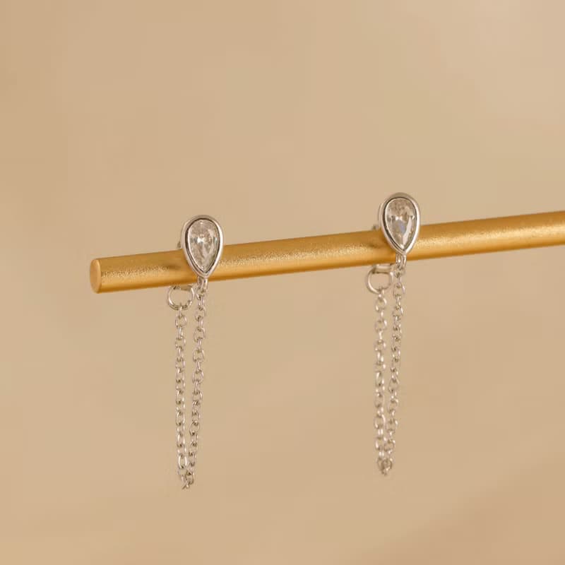 s925銀水滴狀鏈條女生耳釘 鑲鑽耳骨釘 禮物推薦 畢業禮物