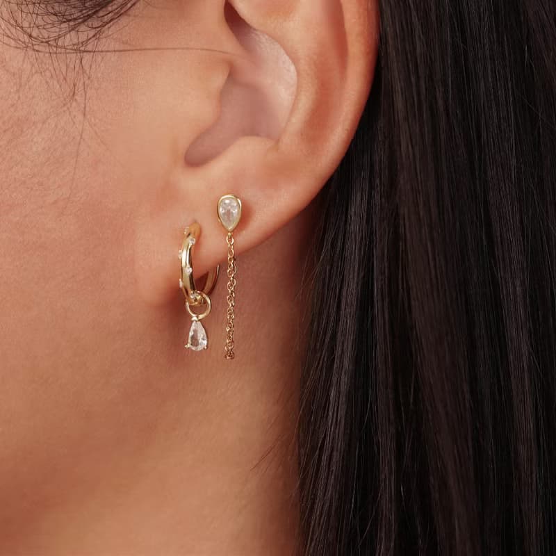 s925銀水滴狀鏈條女生耳釘 鑲鑽耳骨釘 禮物推薦 畢業禮物