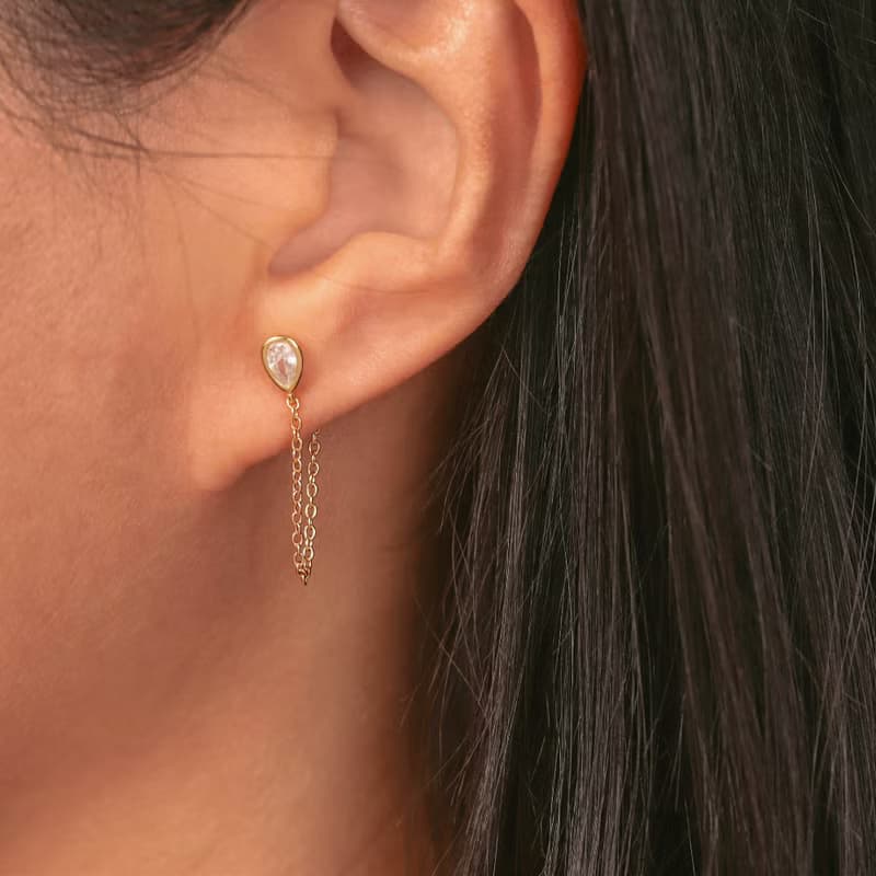 s925銀水滴狀鏈條女生耳釘 鑲鑽耳骨釘 禮物推薦 畢業禮物
