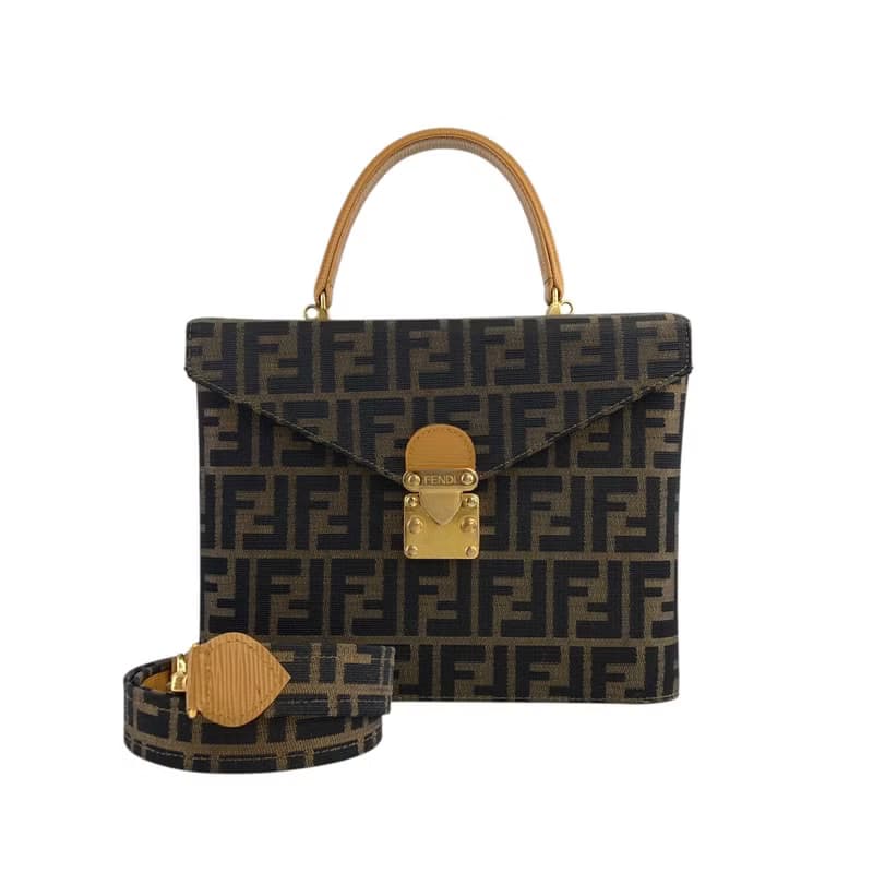 【 日本直送　名牌中古包 】FENDI フェンディ ズッカ ハンドバッグ ブラウン ロック ジャガード 2way バニティバッグ vintage  zxeb84