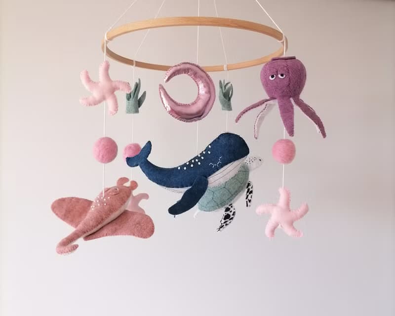 Ocean Mobile For Baby Girl Nursery,Felt Sea Animals Crib Mobile,Pink Cot Mobile