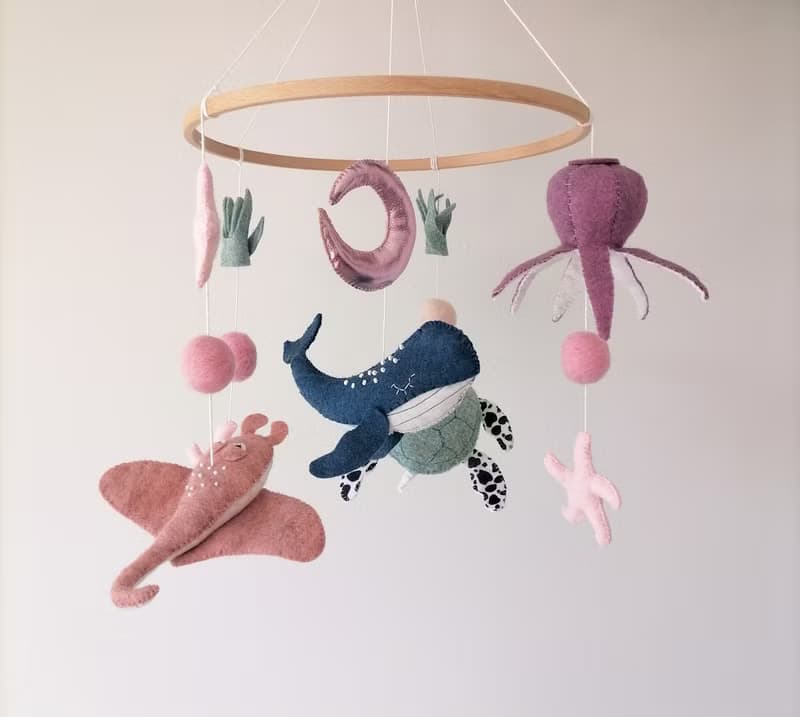 Ocean Mobile For Baby Girl Nursery,Felt Sea Animals Crib Mobile,Pink Cot Mobile