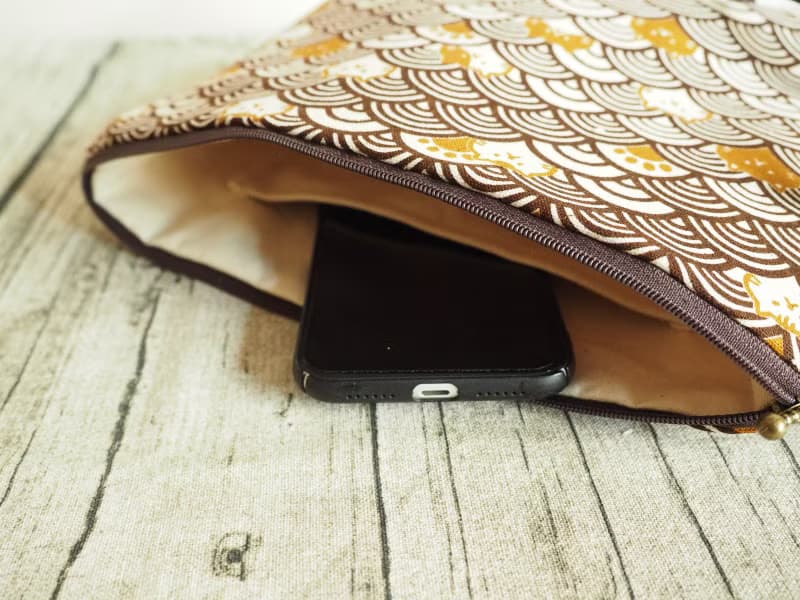 手工縫製托特側肩包帆布手袋 啡色和風波浪貓貓圖案