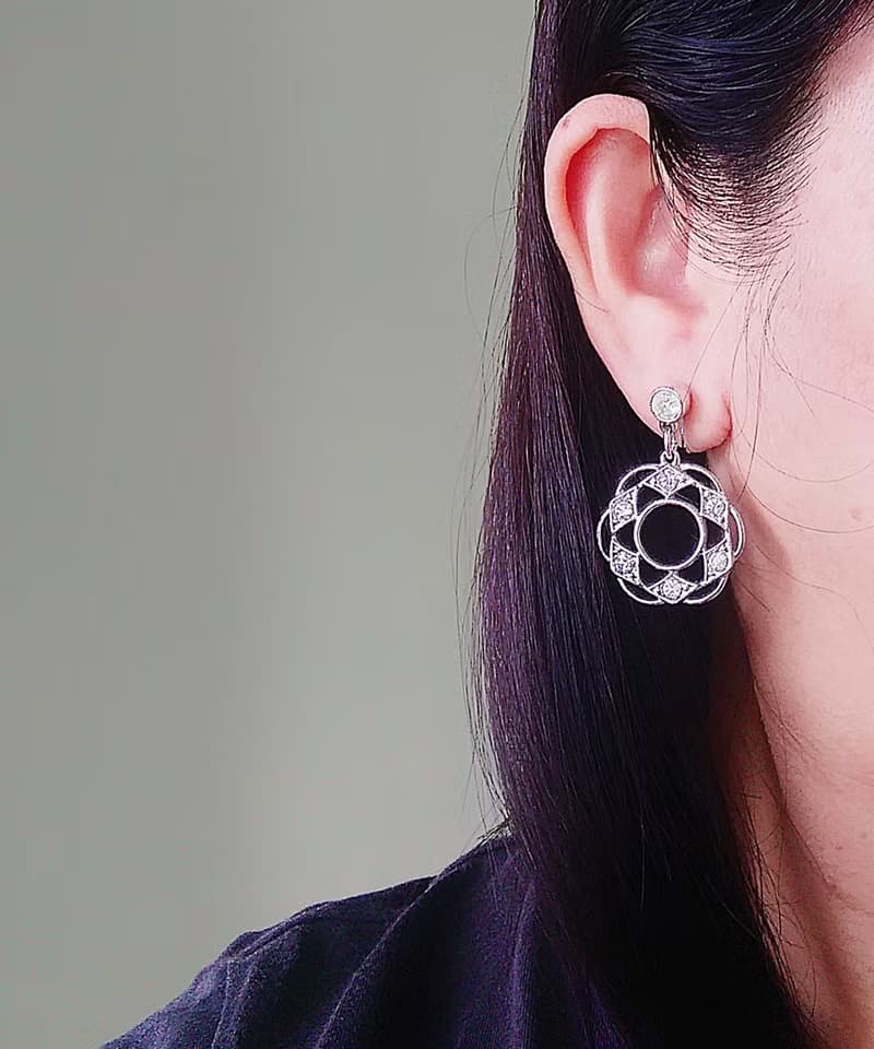 vintage jewelry SARAH COV 亮銀幾何萊茵花卉 夾式耳環