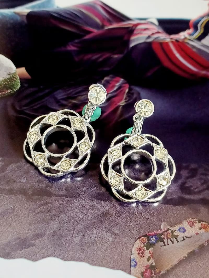 vintage jewelry SARAH COV 亮銀幾何萊茵花卉 夾式耳環