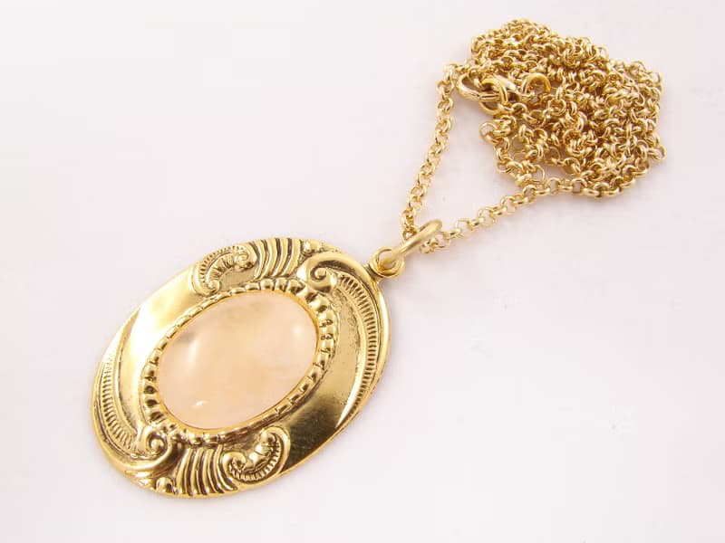 Rose Quartz Necklace Pink Stone Golden Oval Gemstone Pendant Necklace Jewelry