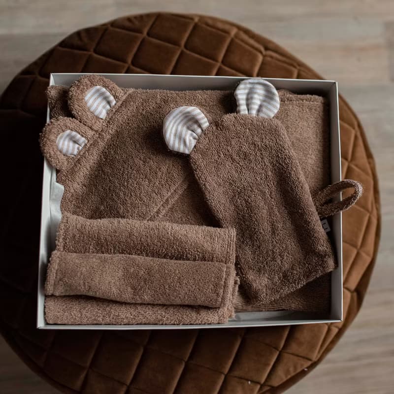 SET: Hooded Towel, Mitten and mini towels dark brown set for a Baby or Toddler