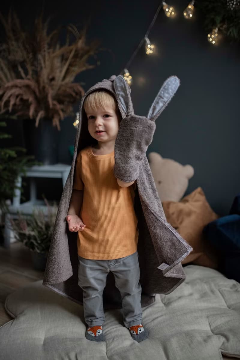 SET: Hooded Towel, Mitten and mini towels dark brown set for a Baby or Toddler