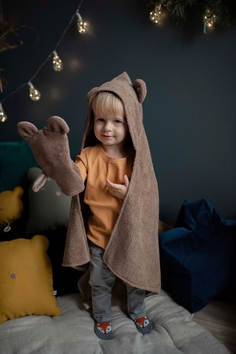 SET: Hooded Towel, Mitten and mini towels dark brown set for a Baby or Toddler