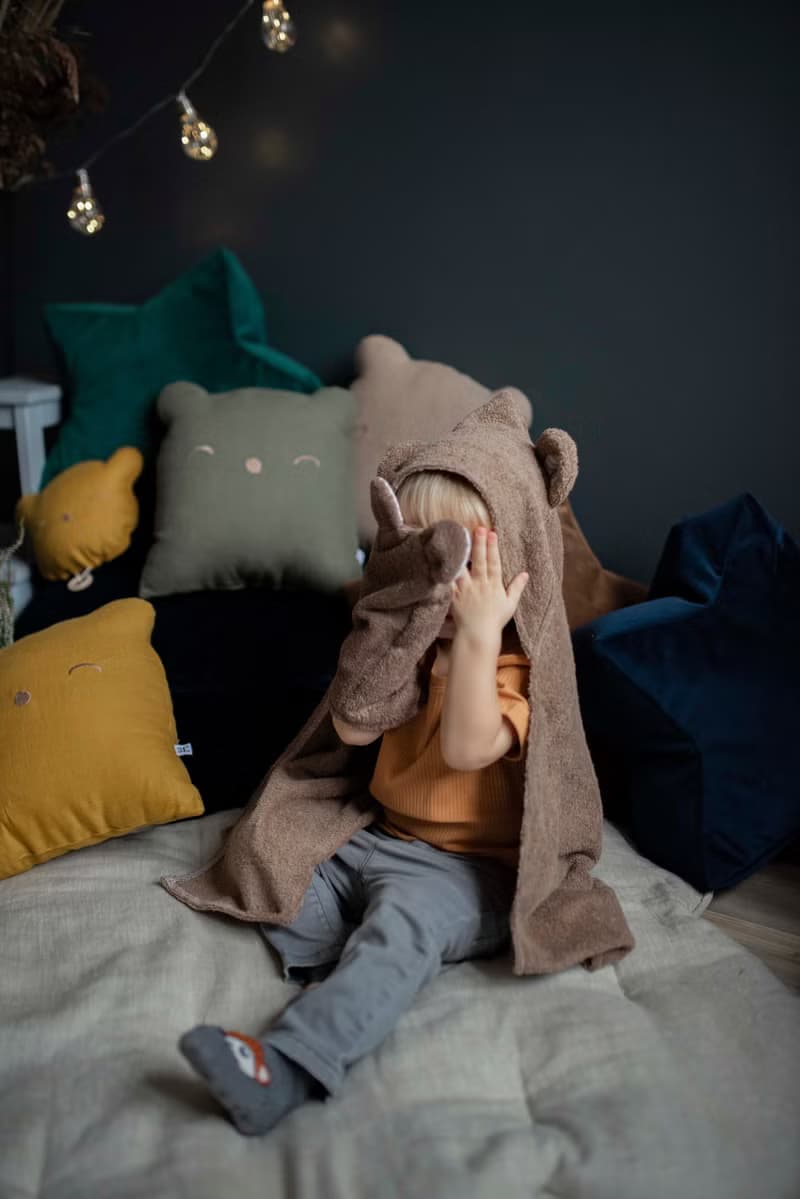 SET: Hooded Towel, Mitten and mini towels dark brown set for a Baby or Toddler