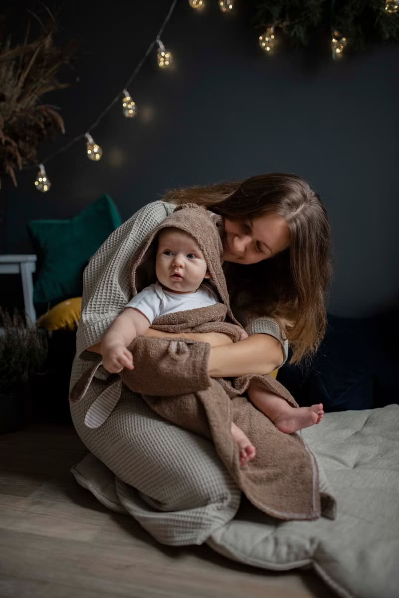 SET: Hooded Towel, Mitten and mini towels dark brown set for a Baby or Toddler