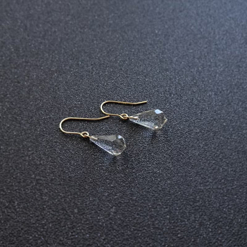 天然白水晶 長水滴形切割 14K GF 包金 耳勾式耳環 (15x8)