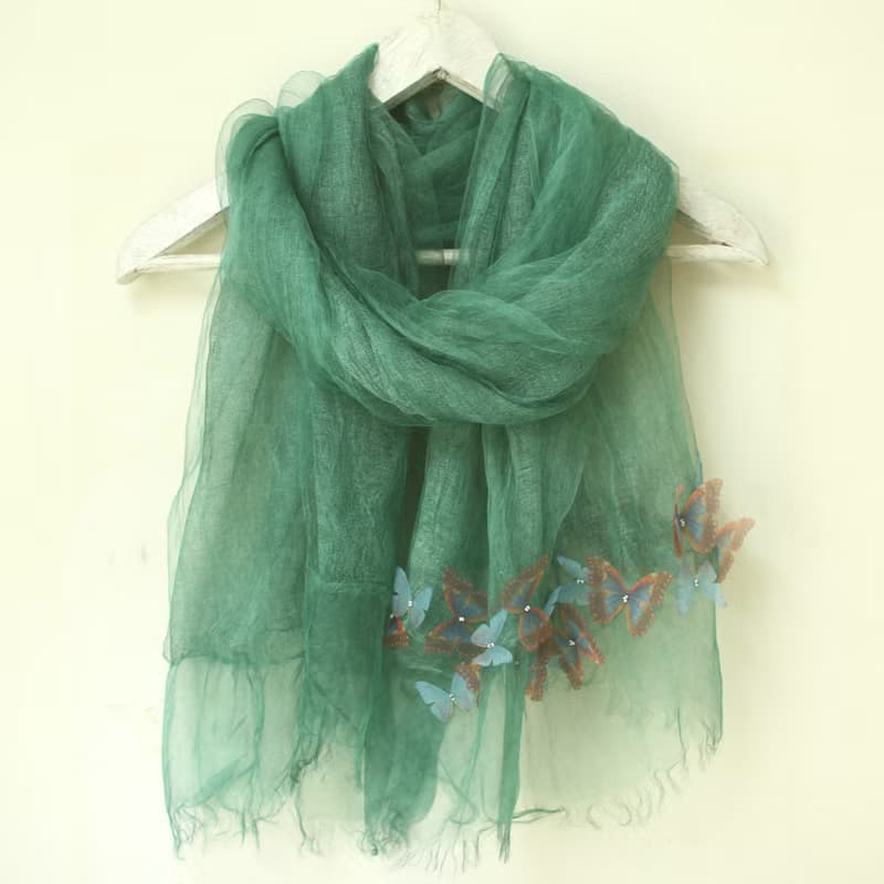 蝴蝶紗片+深淺色皺褶桑蠶絲薄紗雙層圍巾 寶石綠 Scarf