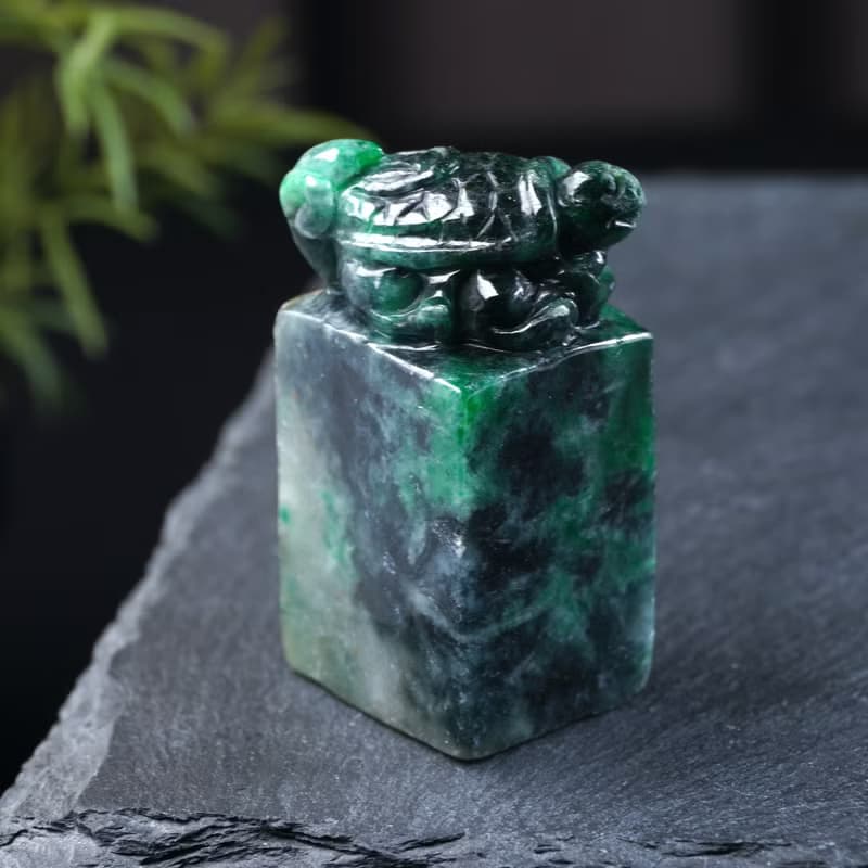 【吉祥‧長壽】花青翡翠烏龜玉印章 | 天然緬甸玉翡翠A貨 | 送禮