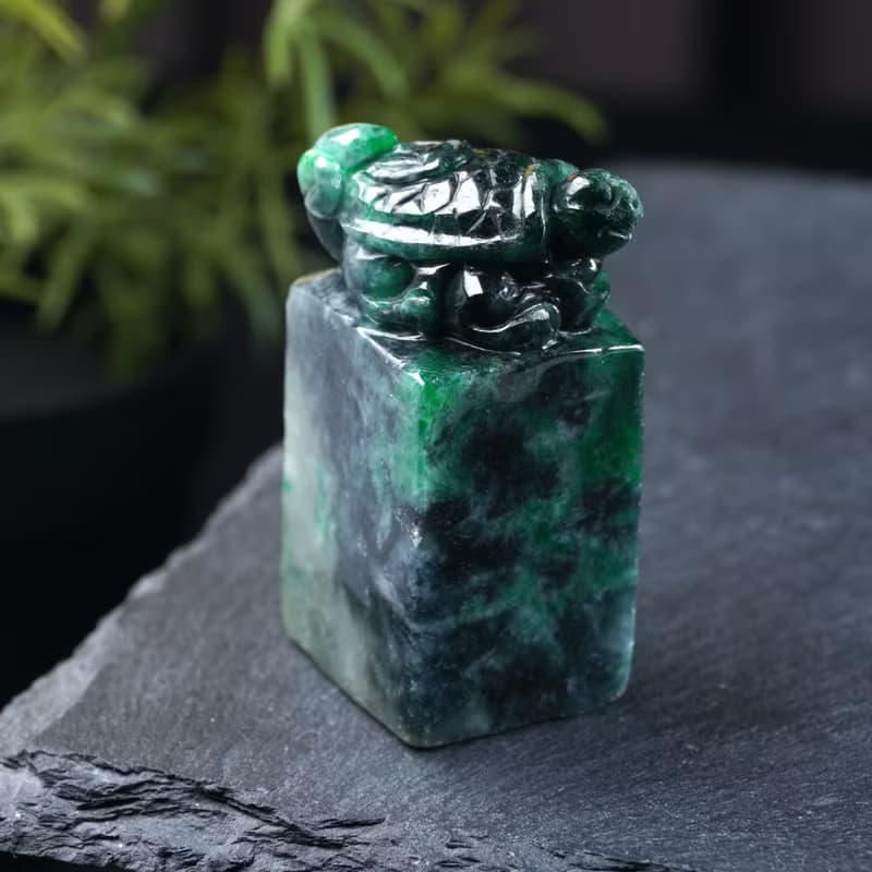 【吉祥‧長壽】花青翡翠烏龜玉印章 | 天然緬甸玉翡翠A貨 | 送禮