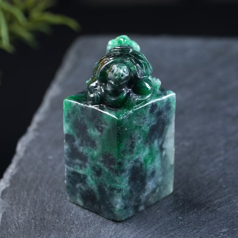 【吉祥‧長壽】花青翡翠烏龜玉印章 | 天然緬甸玉翡翠A貨 | 送禮